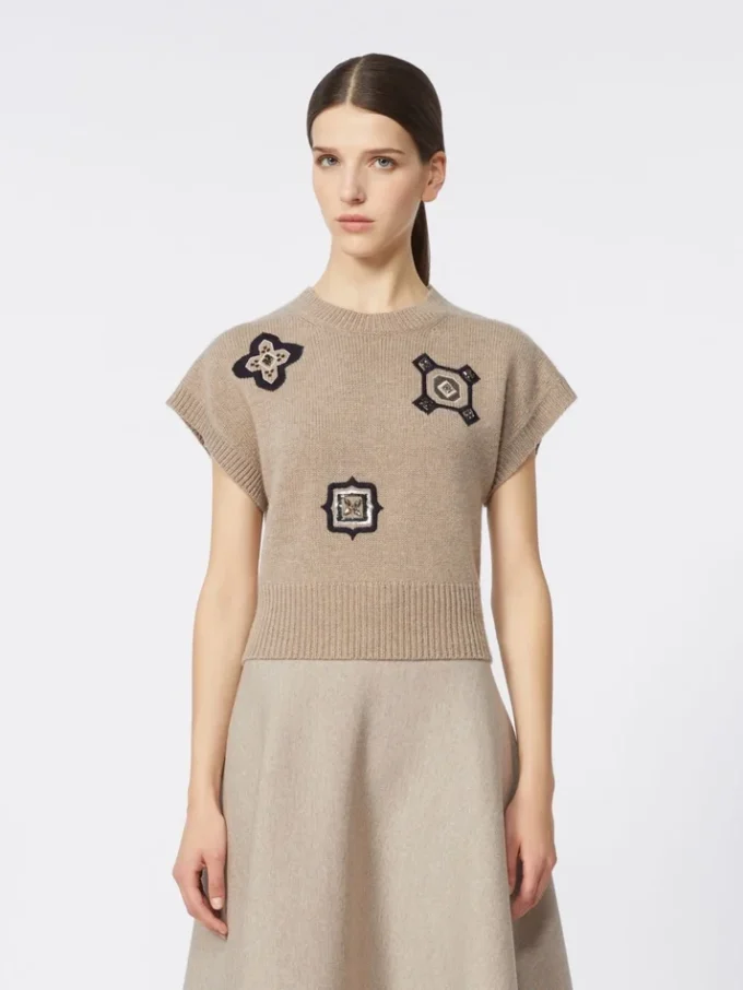 Wool and cashmere cropped sweater, sand