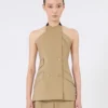 Wool and silk poplin sleeveless jacket, camel