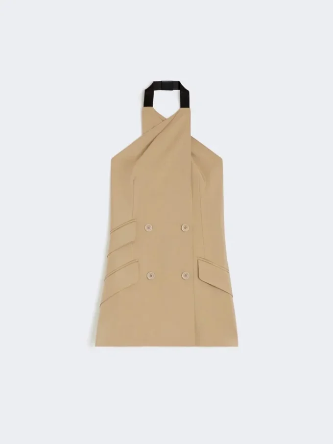 Wool and silk poplin sleeveless jacket, camel