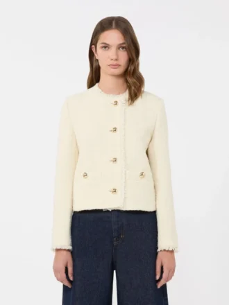 Wool-blend crew-neck jacket, ecru