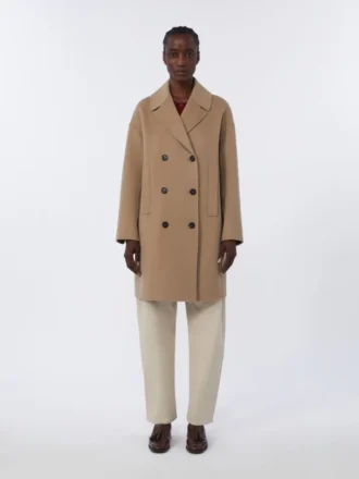 Wool broadcloth midi coat, beige